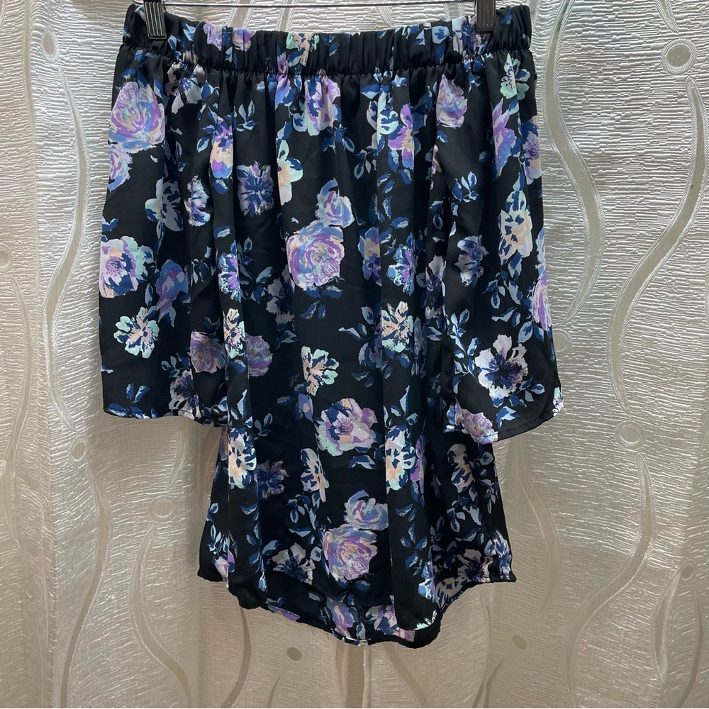 Stella Tweed Floral Blouse Women Small Black Purple‎ Off Shoulder Excellent Boho